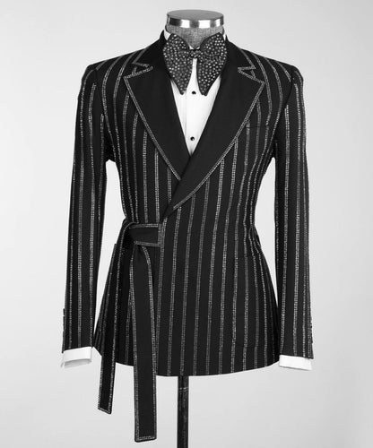 Men's Black Tuxedo, Silver Stripe Stoned Design