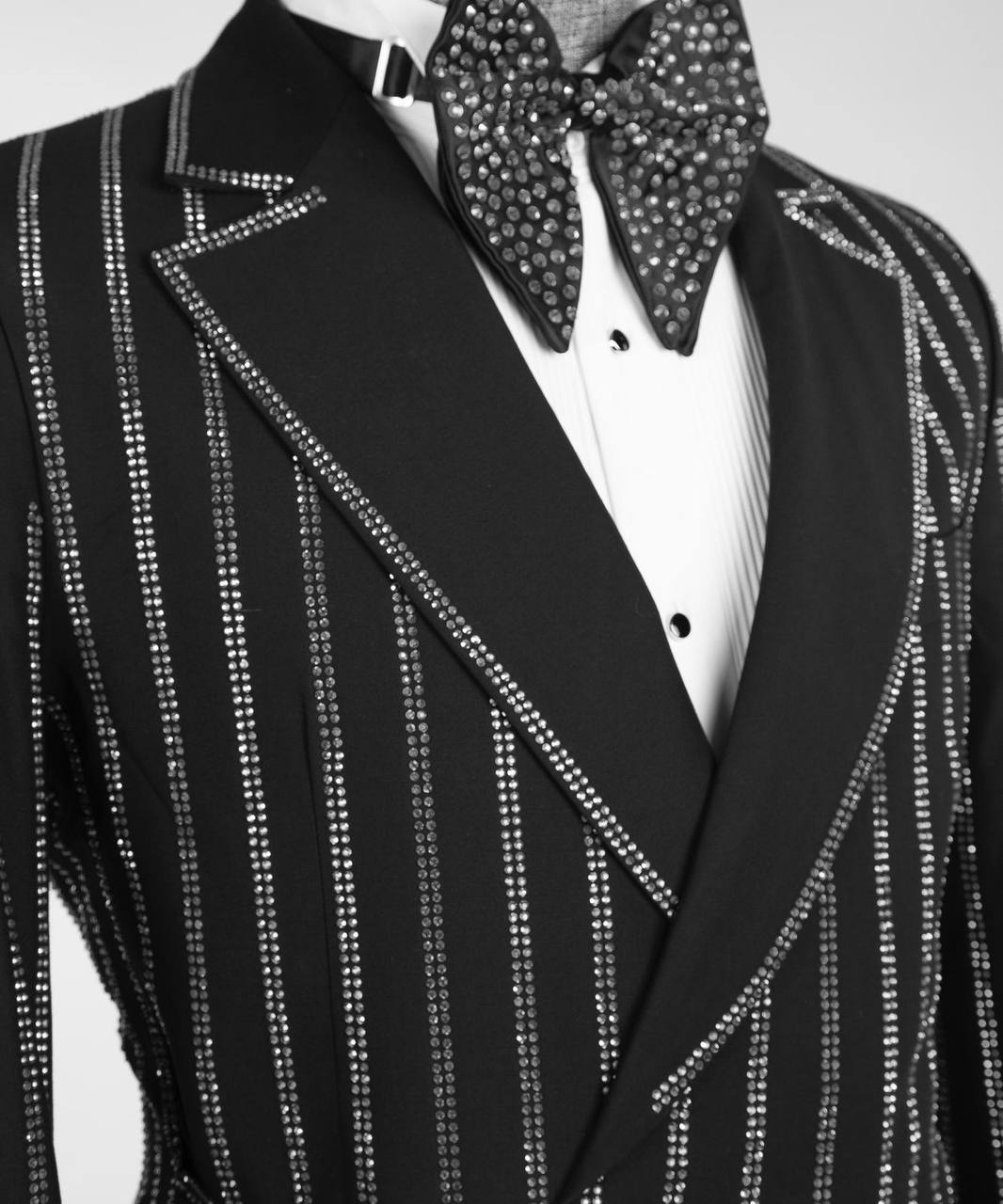 Men's Black Tuxedo, Silver Stripe Stoned Design