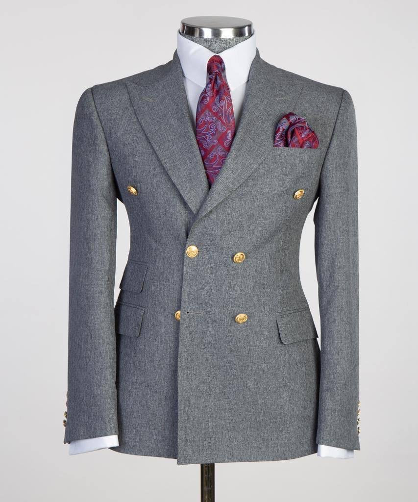 Double Breasted Grey Suit Peak Lapel 2pc