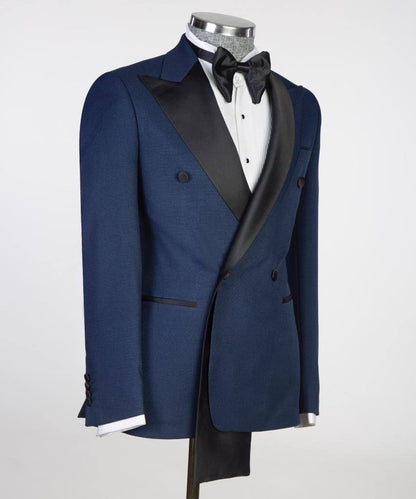 Costume croisé, 2 pièces, bleu marine, revers en satin noir, design châle, idéal pour toutes les occasions