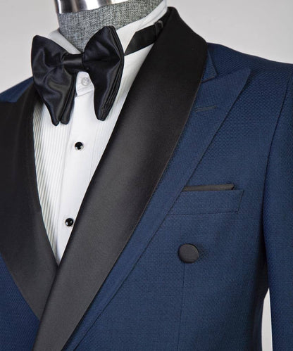 Costume croisé, 2 pièces, bleu marine, revers en satin noir, design châle, idéal pour toutes les occasions