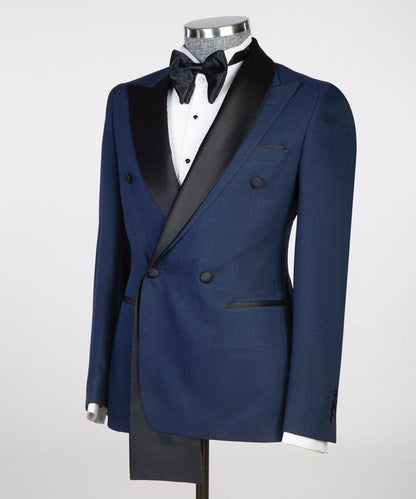 Costume croisé, 2 pièces, bleu marine, revers en satin noir, design châle, idéal pour toutes les occasions