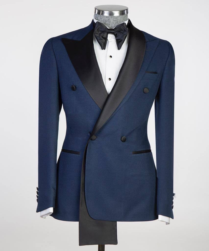 Costume croisé, 2 pièces, bleu marine, revers en satin noir, design châle, idéal pour toutes les occasions