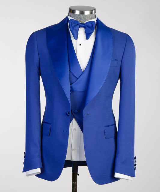 Men's Blue Tuxedo-Asymmetrical Satin Lapel