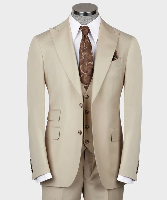 Costume 3 pièces pour homme, beige, revers en pointe, idéal pour mariage, affaires, bal, célébrations, fêtes, USP 