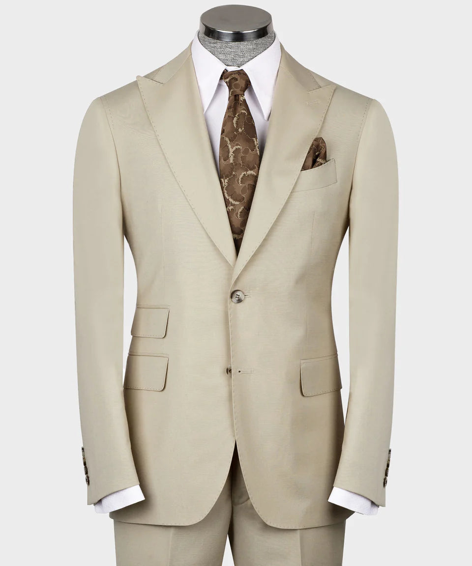 Costume 3 pièces pour homme, beige, revers en pointe, idéal pour mariage, affaires, bal, célébrations, fêtes, USP 