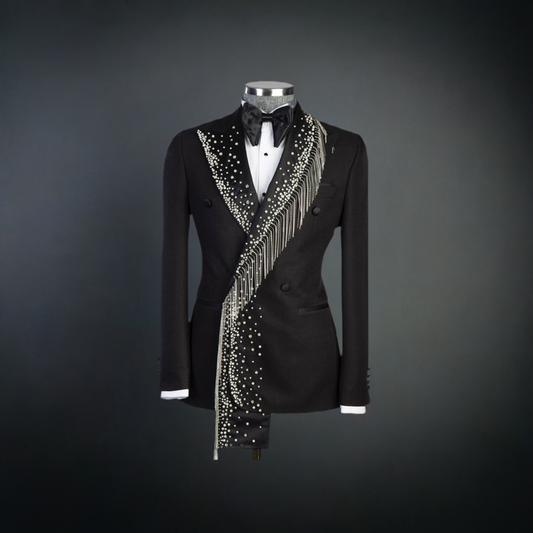 Men's Black Tuxedo, Silver Stoned, Shawl Design
