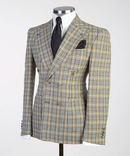 Men's Suit, 2 Piece Plaided Double Breasted Beige