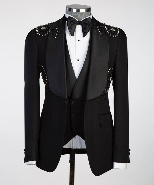 3 Piece Black Tuxedo with Beadwork on Shoulders