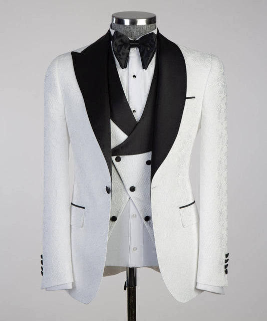 Men's White Tuxedo-Asymmetrical Black Satin Lapel