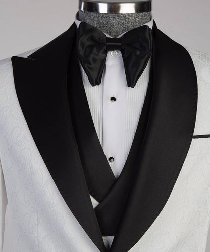 Men's White Tuxedo-Asymmetrical Black Satin Lapel