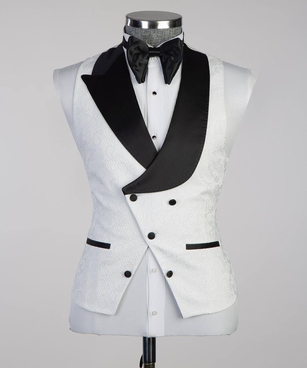 Men's White Tuxedo-Asymmetrical Black Satin Lapel