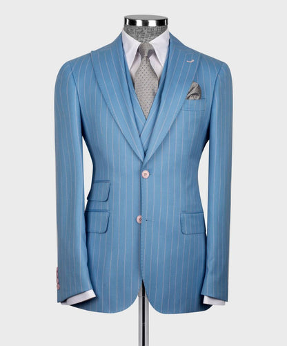 Men's Suit Set, %100 Wool, Striped, Blue