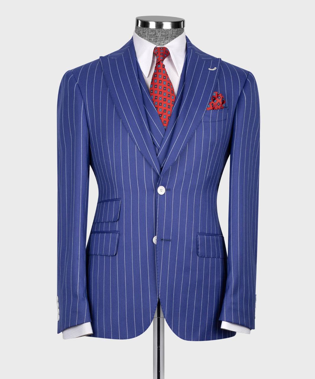 Men's Suit Set, %100 Wool, Striped, Blue