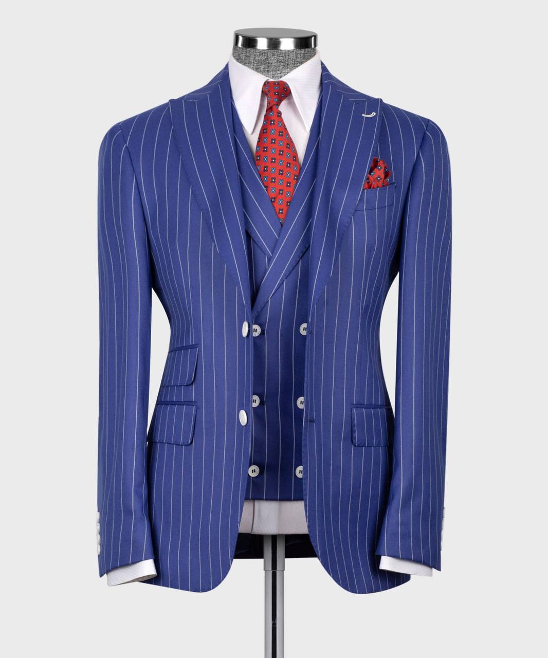 Men's Suit Set, %100 Wool, Striped, Blue