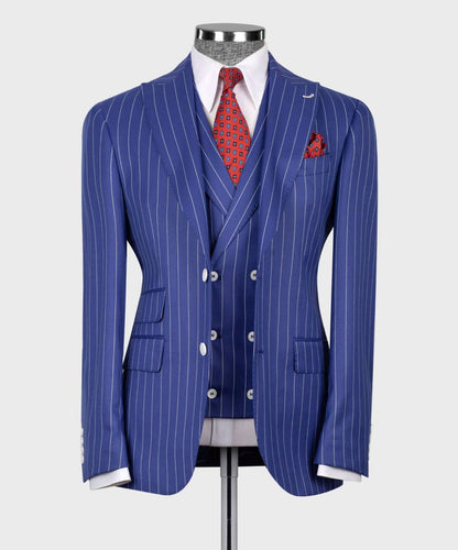 Men's Suit Set, %100 Wool, Striped, Blue