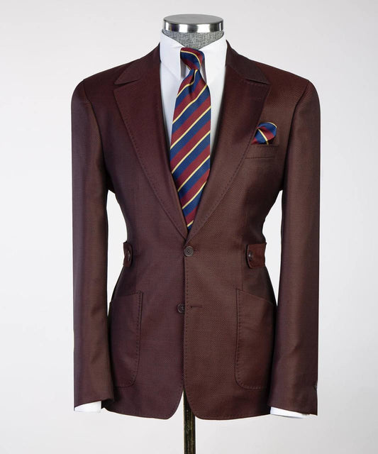 Men's 2 Piece Suit with Buttoned Belt-Burgundy