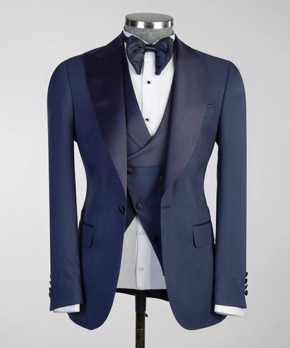 Men's Navy Tuxedo-Asymmetrical Satin Lapel