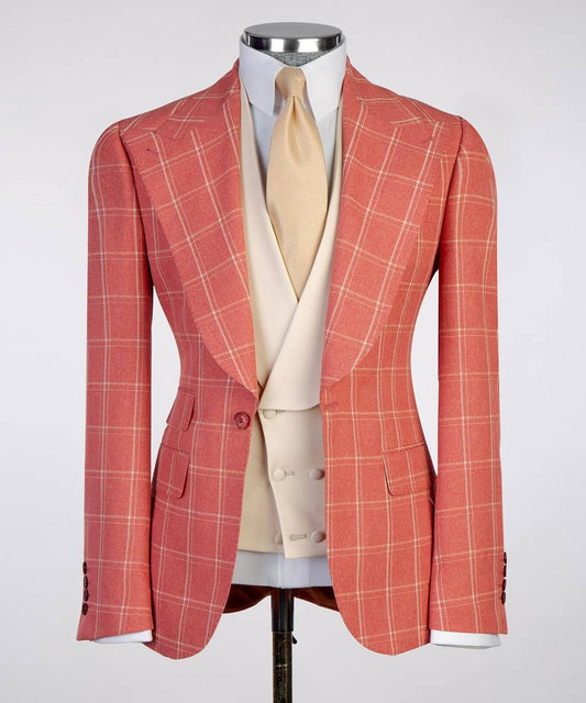 Plaid 3-Piece Suit-Coral