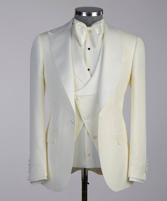 Men's Cream Tuxedo-Asymmetrical Satin Lapel