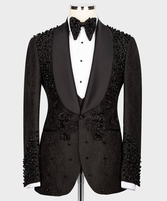 Exclusive Black Tuxedo,3 Piece, Beaded, Stone Stitched