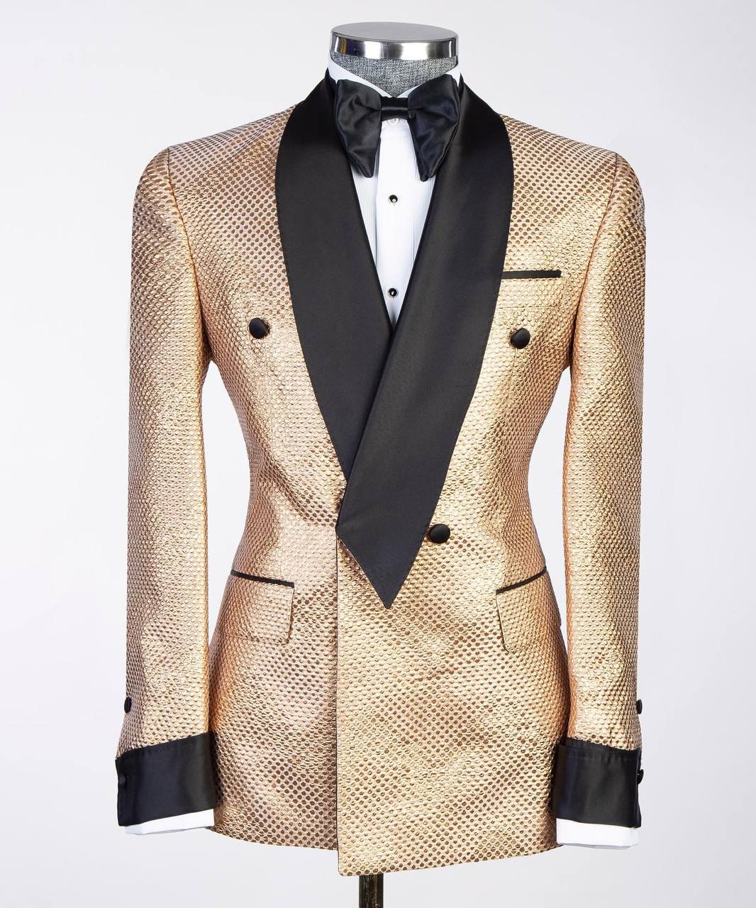 Exclusive Gold Tuxedo with Black Satin Cross Lapel