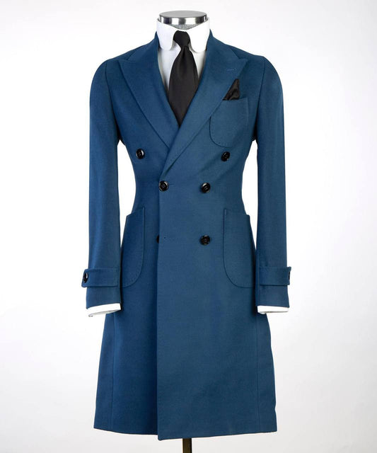 Blue Wool Overcoat for Men-Double-Breasted