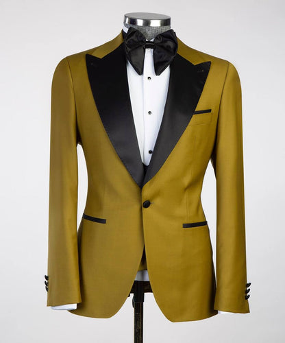 Olive Green and Black Three-Piece Tuxedo Suit