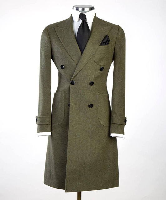 Green Wool Overcoat for Men-Double-Breasted