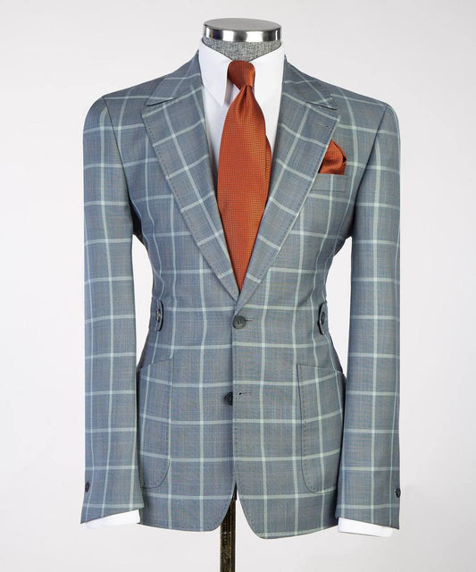 Men's Plaid Suit with Buttoned Belt-Grey/White