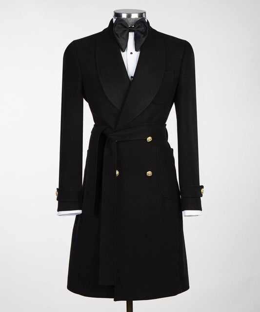 Men's Black-Wool-Belted-Coat