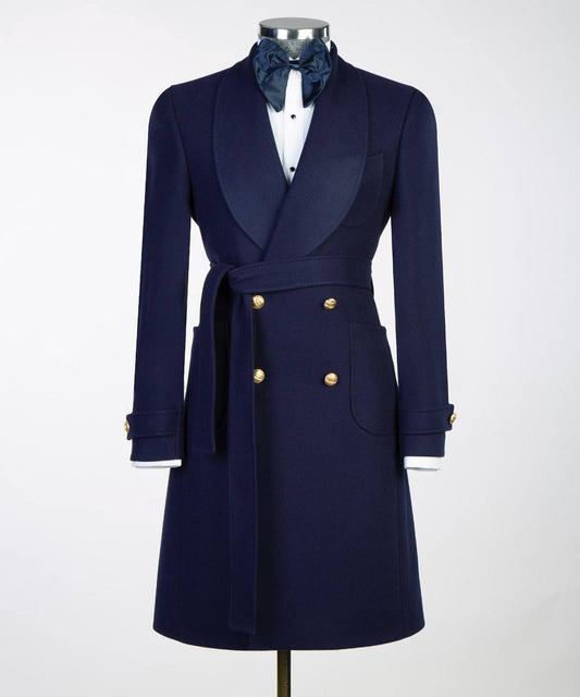 Men's Navy Wool Coat-Belted