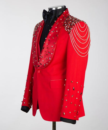 Men's Red Tuxedo, Silver Gem Stoned