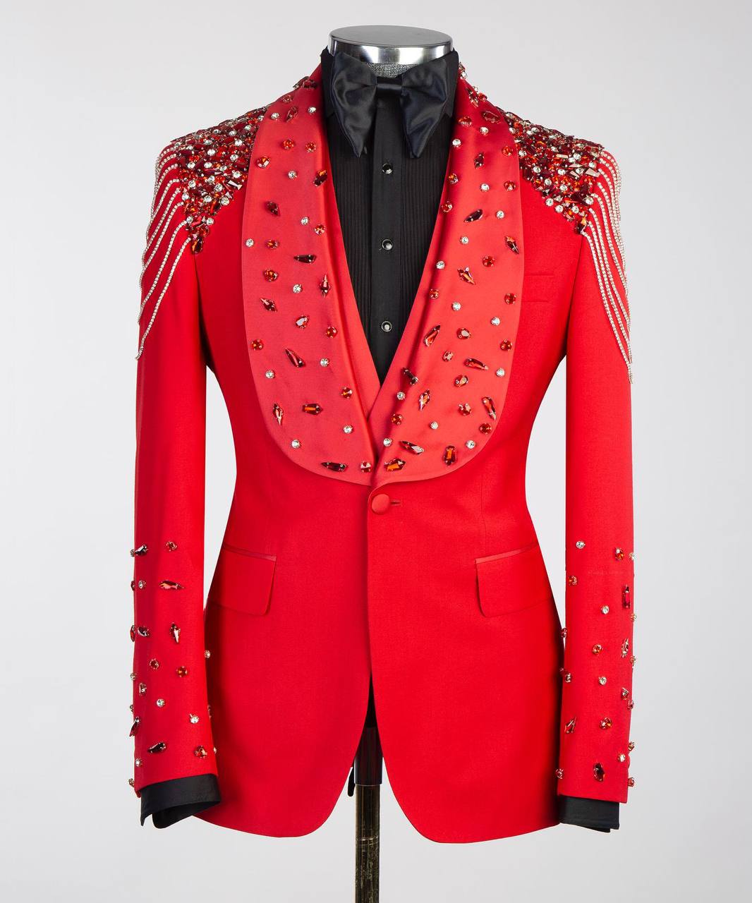 Men's Red Tuxedo, Silver Gem Stoned