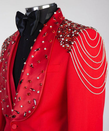 Men's Red Tuxedo, Silver Gem Stoned