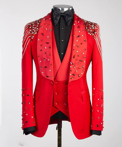 Men's Red Tuxedo, Silver Gem Stoned