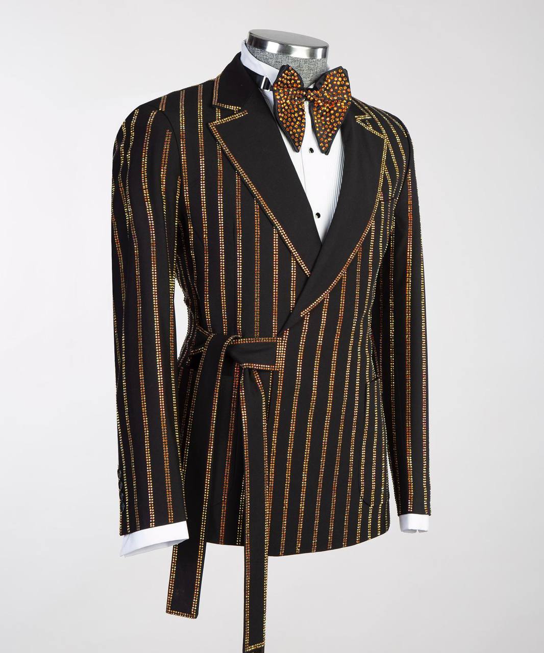 Men's Black Tuxedo, Gold Stripe Stoned Design