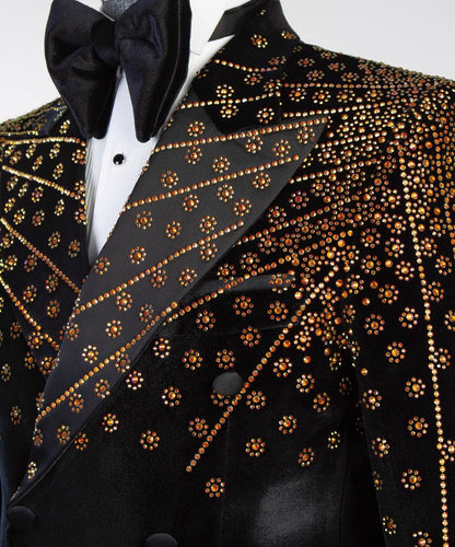 Black Velvet Tuxedo, Gold Rhinestone, Double-Breasted