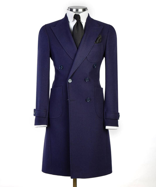 Navy Wool Overcoat for Men-Double-Breasted