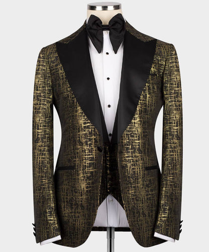 Men's Tuxedo Golden Pattern with Black Collar