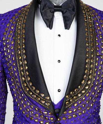 3 pièces Stone Designed_Tuxedo pour homme, Brillant, Violet, Costume, Costume, Perlé