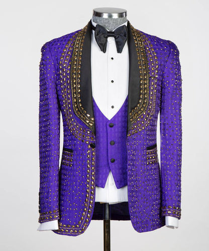 3 pièces Stone Designed_Tuxedo pour homme, Brillant, Violet, Costume, Costume, Perlé