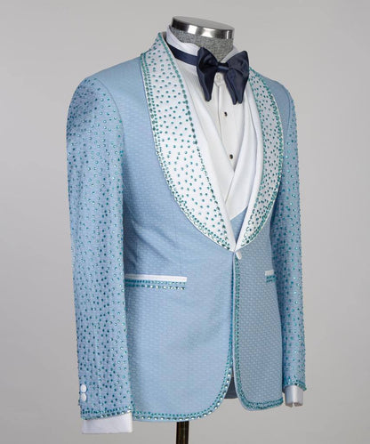 Men's 3 Piece Blue Costume, Suit, Beaded Tuxedo