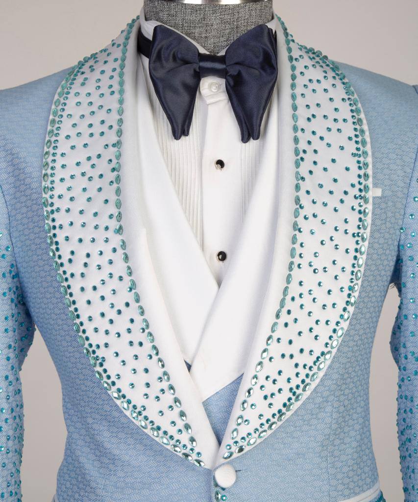 Men's 3 Piece Blue Costume, Suit, Beaded Tuxedo