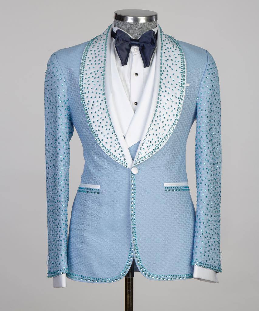 Men's 3 Piece Blue Costume, Suit, Beaded Tuxedo