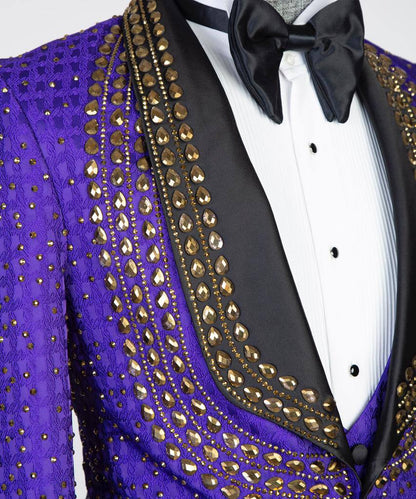 3 pièces Stone Designed_Tuxedo pour homme, Brillant, Violet, Costume, Costume, Perlé