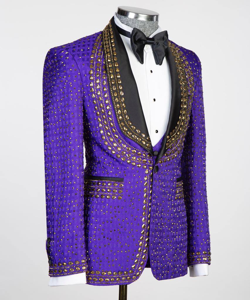 3 pièces Stone Designed_Tuxedo pour homme, Brillant, Violet, Costume, Costume, Perlé