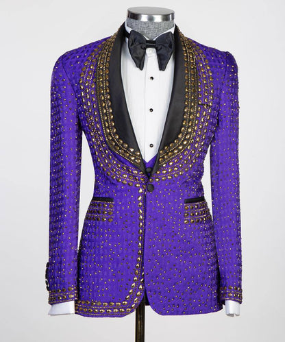 3 pièces Stone Designed_Tuxedo pour homme, Brillant, Violet, Costume, Costume, Perlé