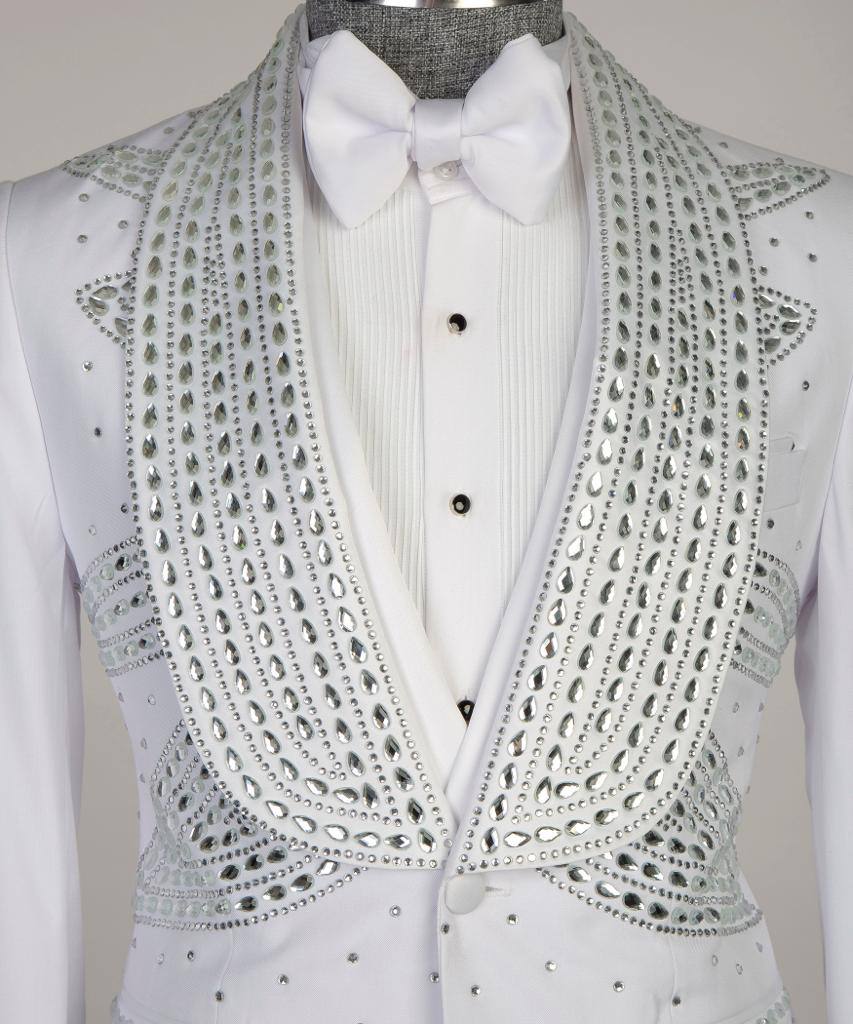 3 pièces pour homme Stone Designed_Tuxedo, Brillant, Blanc, Costume, Costume, Perlé