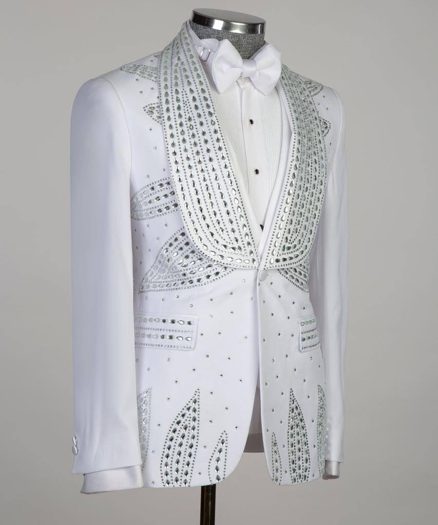 3 pièces pour homme Stone Designed_Tuxedo, Brillant, Blanc, Costume, Costume, Perlé